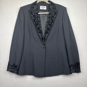 Kasper ASL Blazer Womens 10 Embroidered Lapel Cuff Single Button Lined Gray